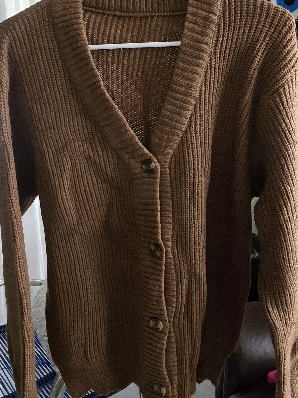 Brown Women's Rib-Knit Button Cardigan Sweater